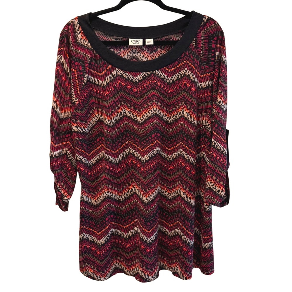 Cato Woman Plus Size 14/16W Tunic Top Chevron‎ Zig Zag 3/4 Roll Tab Sleeve Scoop